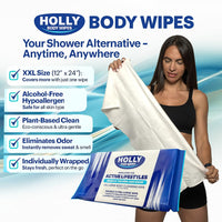Holly Body Wipes – 16 Pack Extra-Large 12"x24" No Rinse Shower Wipes for Adults, Individually Wrapped, Body Cleansing Wipes for Camping, Travel, Gym, Outdoors